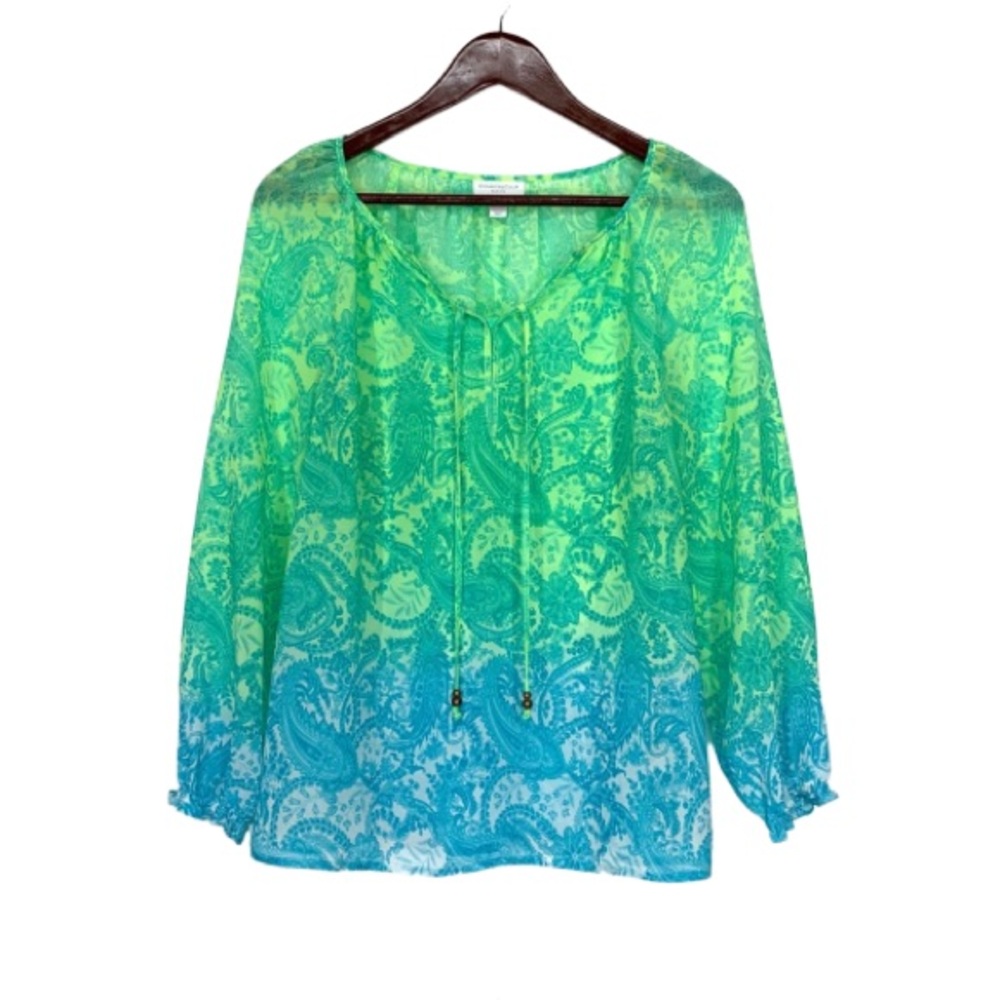 Charter Club Bright Green & Blue Sheer Paisley Long Sleeve V-Neck Blouse Size PS